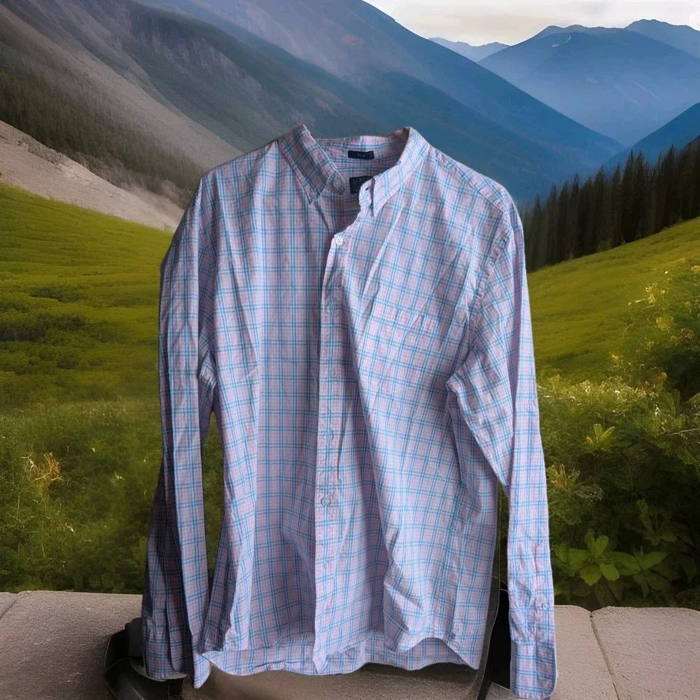 J Crew Shirt Men's XL Slim Fit ‎ Plaid Flex Washed  Pink Blue preppy EXC Button